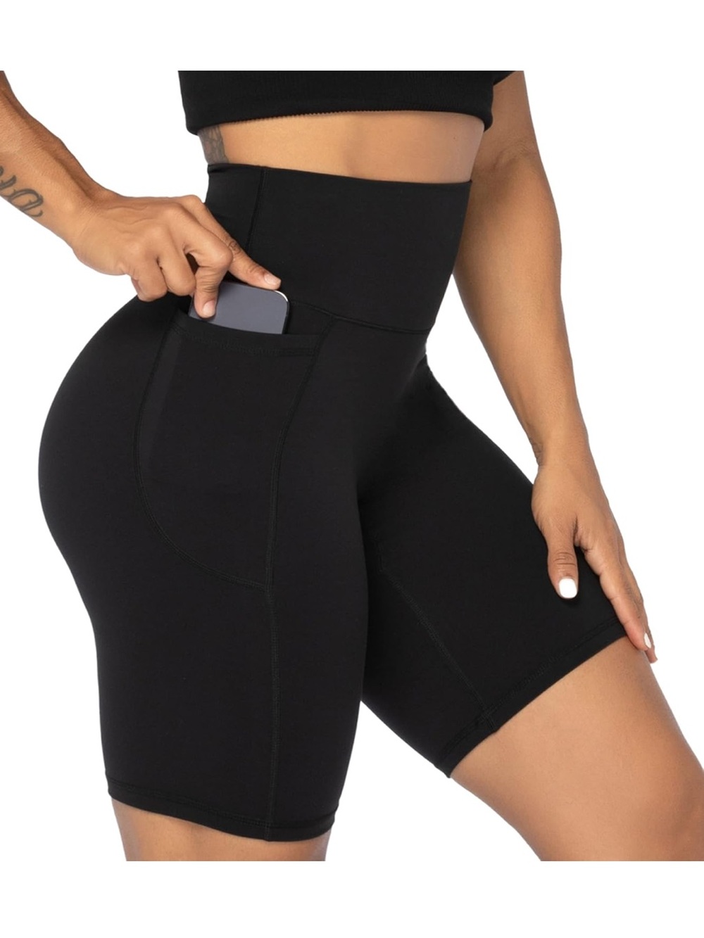 Women’s Sunzel High-Rise Black Bike Shorts with pockets, 8” inseam